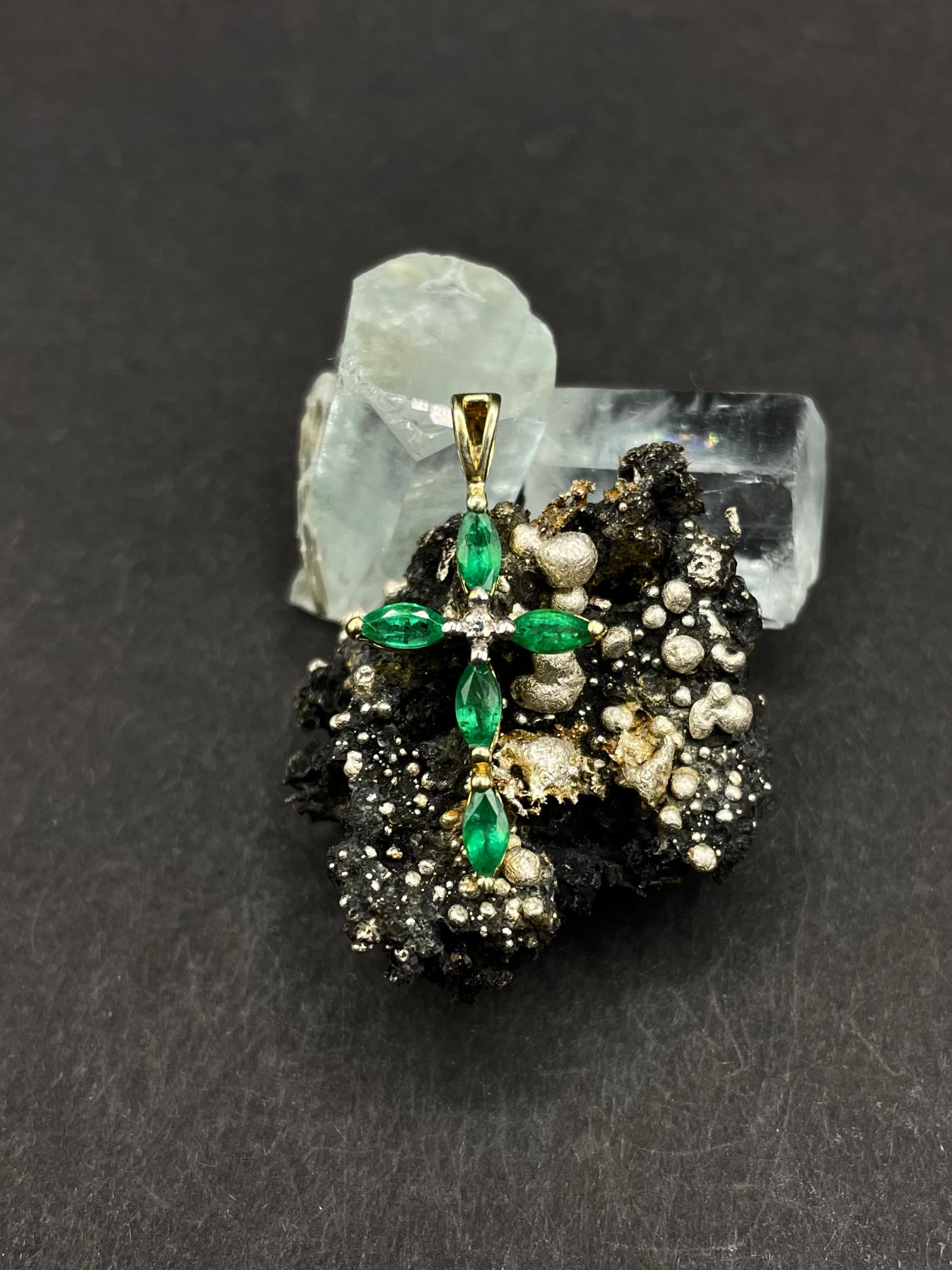 Vintage Emerald Cross Pendant with Natural Diamond Center in Solid 9ct Gold