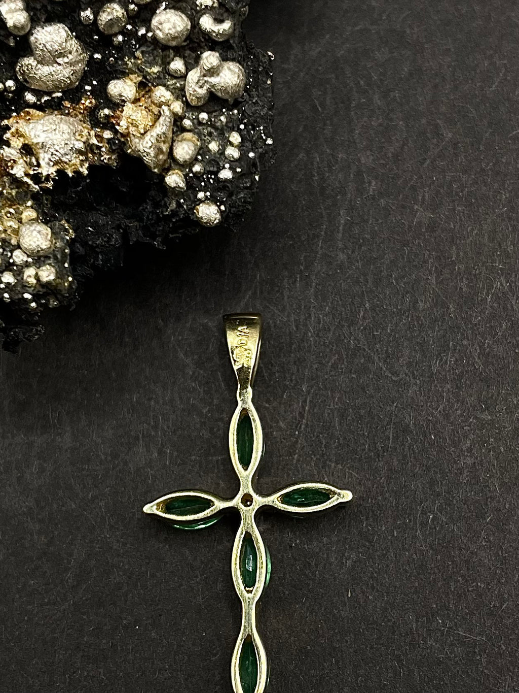 Vintage Emerald Cross Pendant with Natural Diamond Center in Solid 9ct Gold