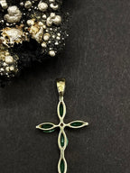 Vintage Emerald Cross Pendant with Natural Diamond Center in Solid 9ct Gold