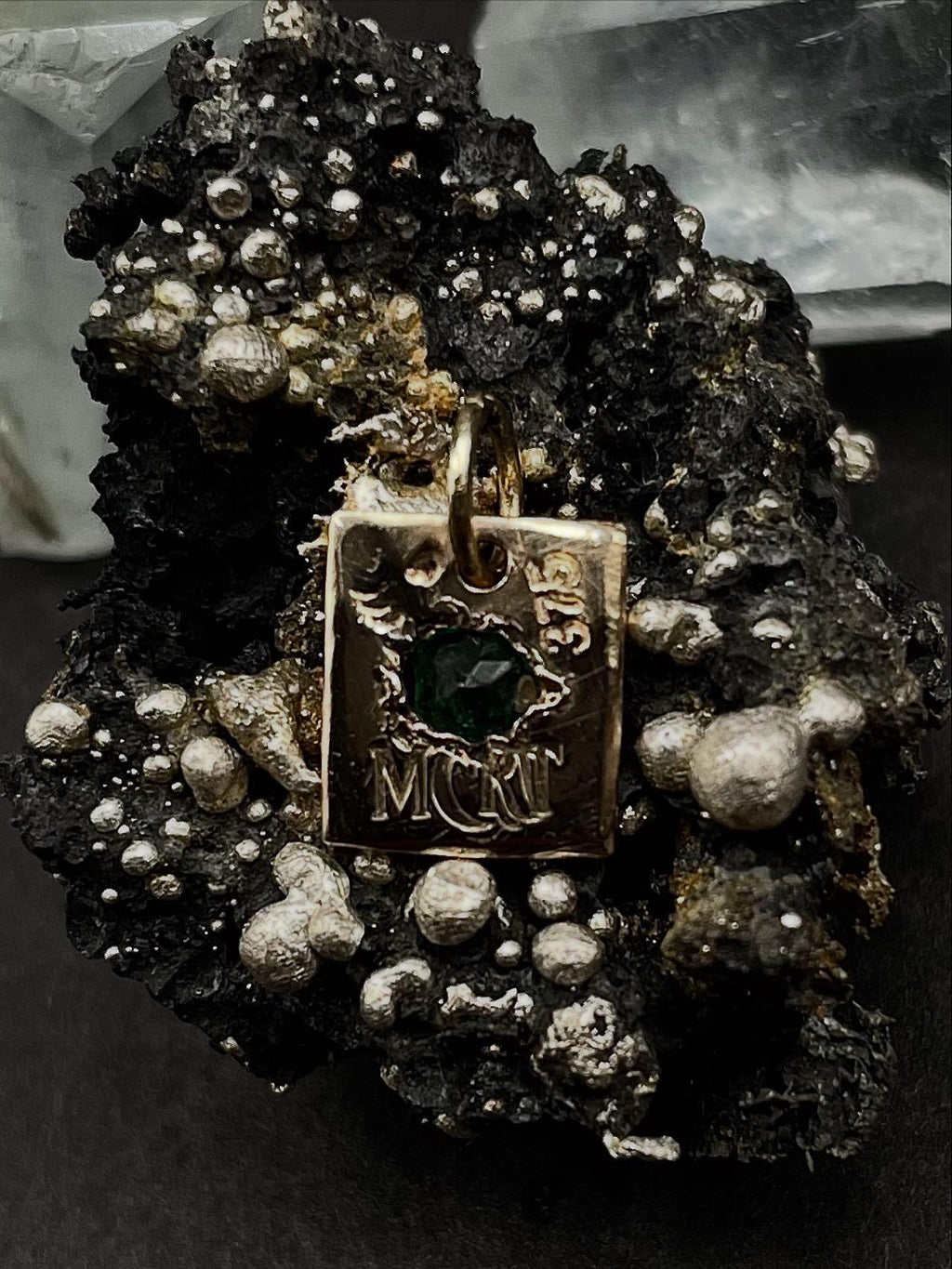 Natural Emerald Pendant in solid gold 9ct • Molten Texture Square Charm, May Birthstone
