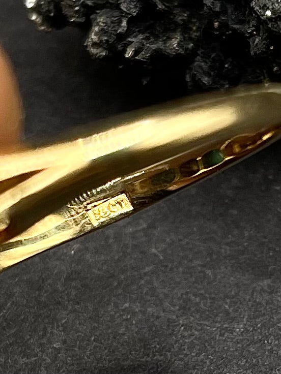 18ct Solid Gold Ring with Green Agate & Natural White Pearls – Vintage Style – UK Size P½