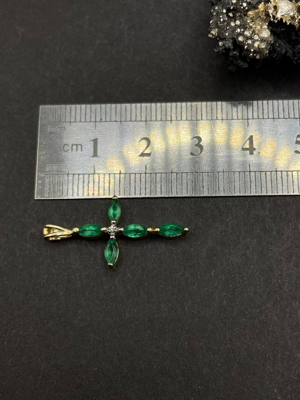 Vintage Emerald Cross Pendant with Natural Diamond Center in Solid 9ct Gold