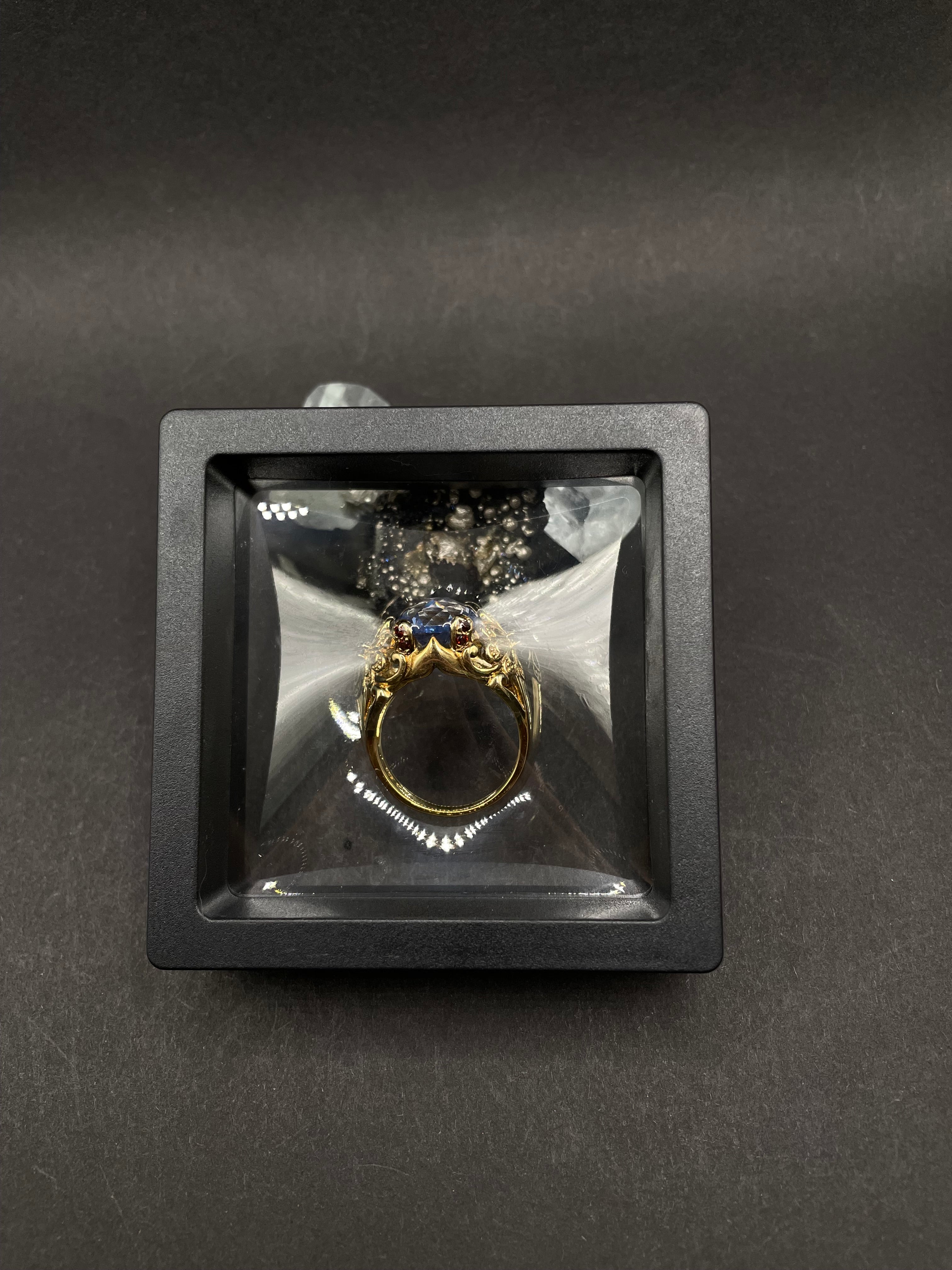 Gold Plated Silver Ring with Blue Zirconia and Garnets – Size R | Handmade Statement Ring | Artisan Jewelry Gift