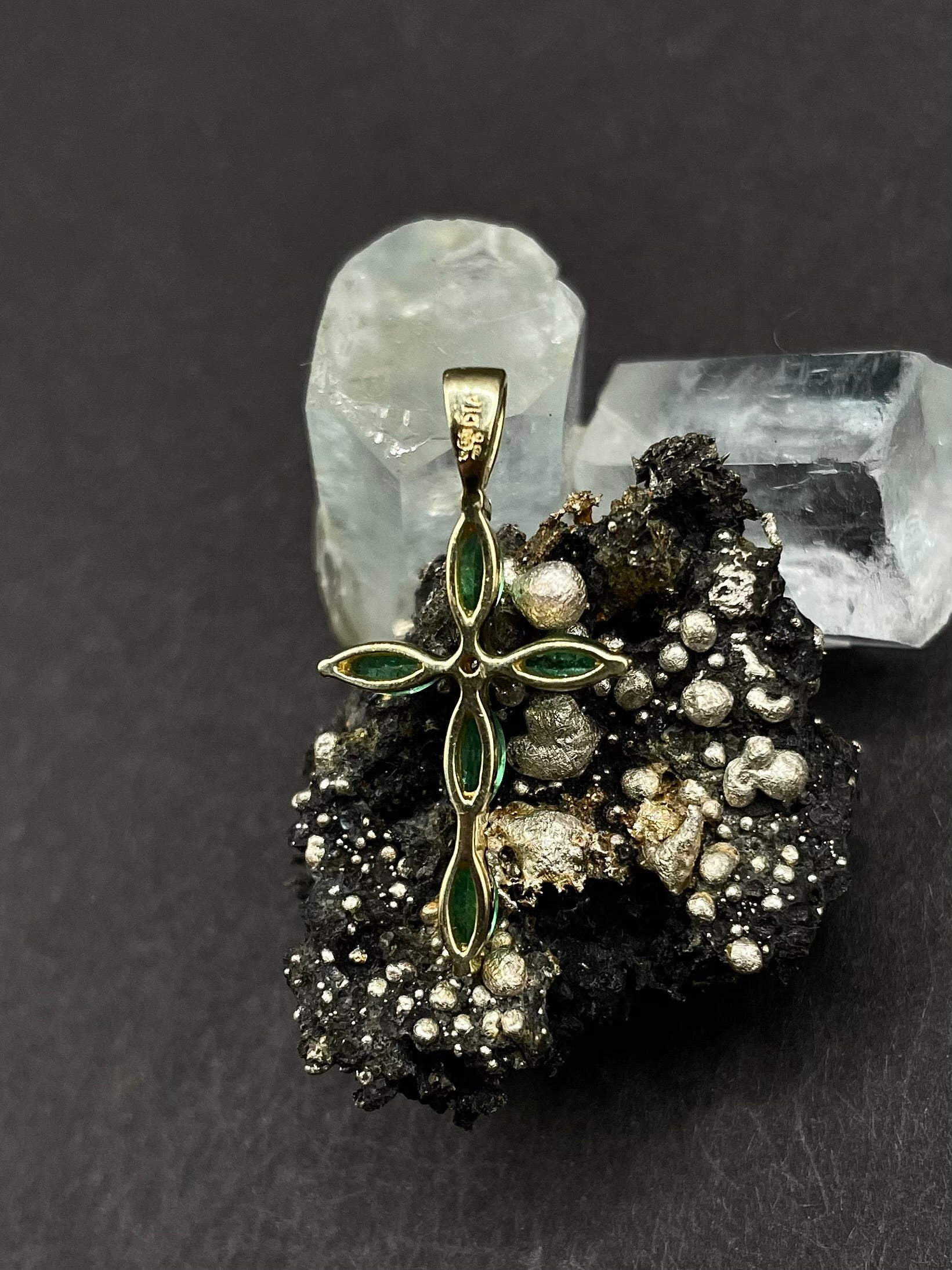 Vintage Emerald Cross Pendant with Natural Diamond Center in Solid 9ct Gold