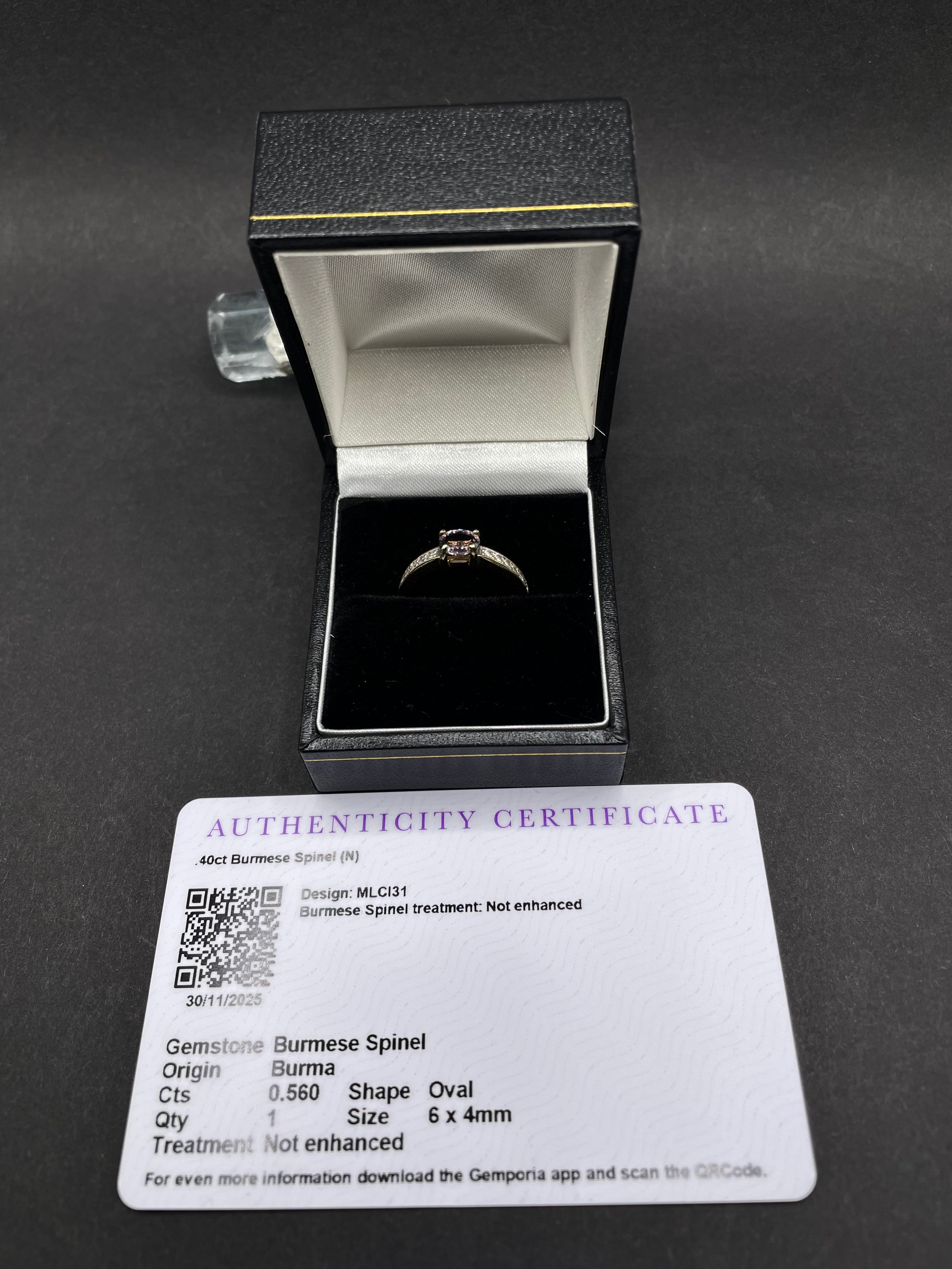 9ct Solid Gold Burmese Spinel Ring – Certified Natural Spinel – Solitaire Style with CZ Accents – UK Size N