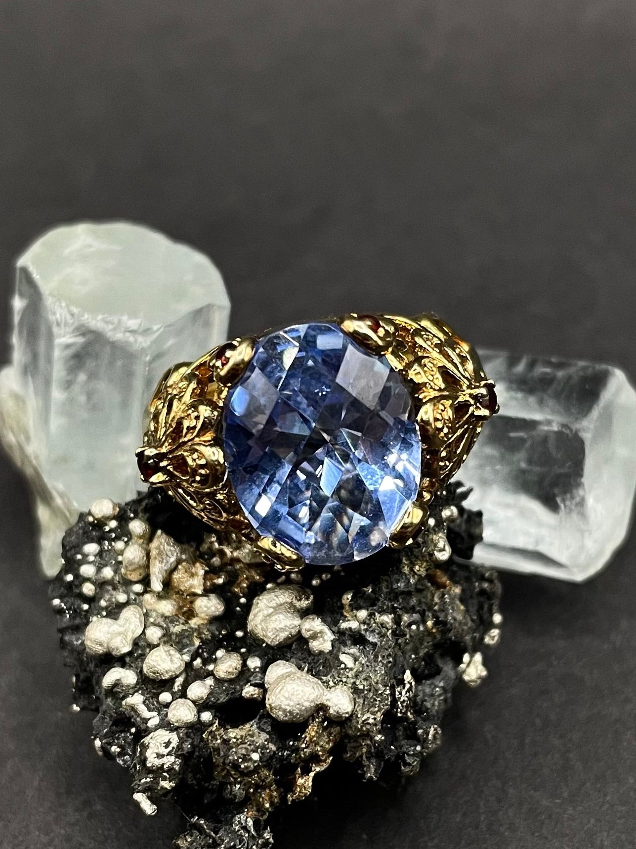 Gold Plated Silver Ring with Blue Zirconia and Garnets – Size R | Handmade Statement Ring | Artisan Jewelry Gift