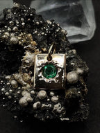 Natural Emerald Pendant in solid gold 9ct • Molten Texture Square Charm, May Birthstone