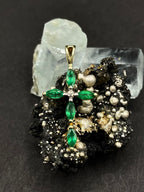 Vintage Emerald Cross Pendant with Natural Diamond Center in Solid 9ct Gold