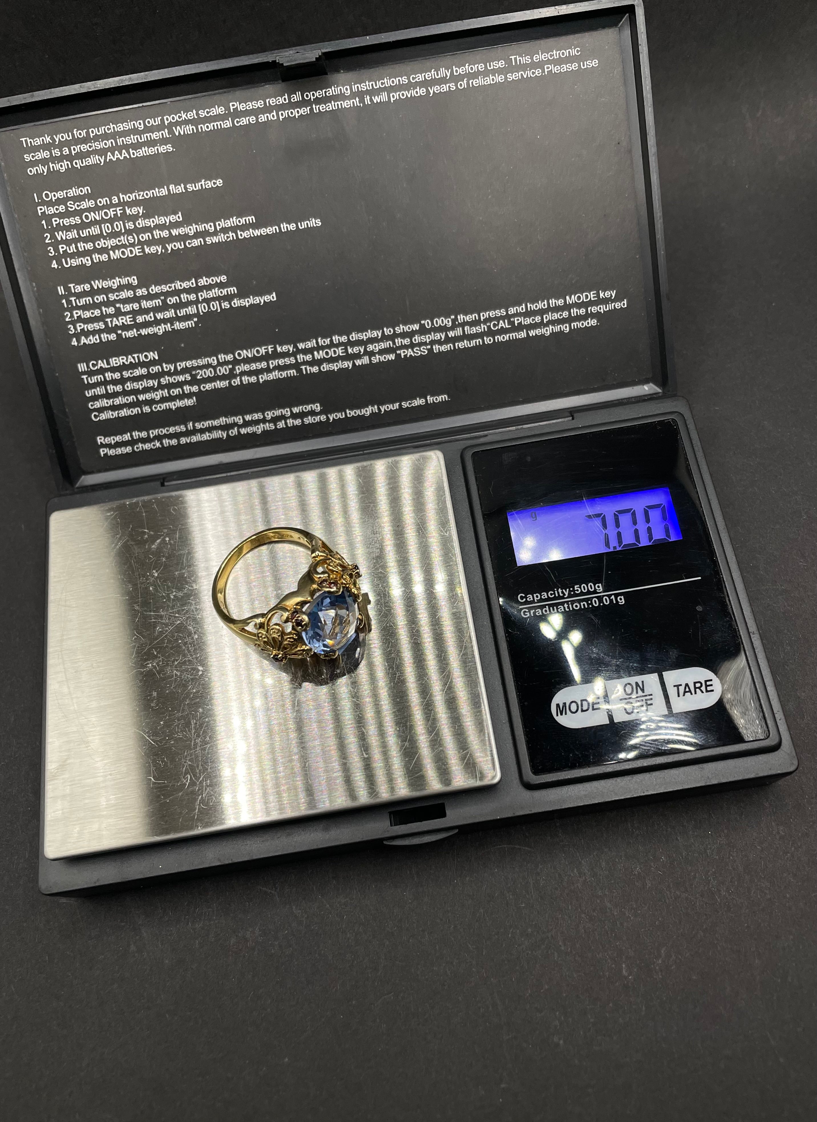 Gold Plated Silver Ring with Blue Zirconia and Garnets – Size R | Handmade Statement Ring | Artisan Jewelry Gift