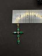 Vintage Emerald Cross Pendant with Natural Diamond Center in Solid 9ct Gold