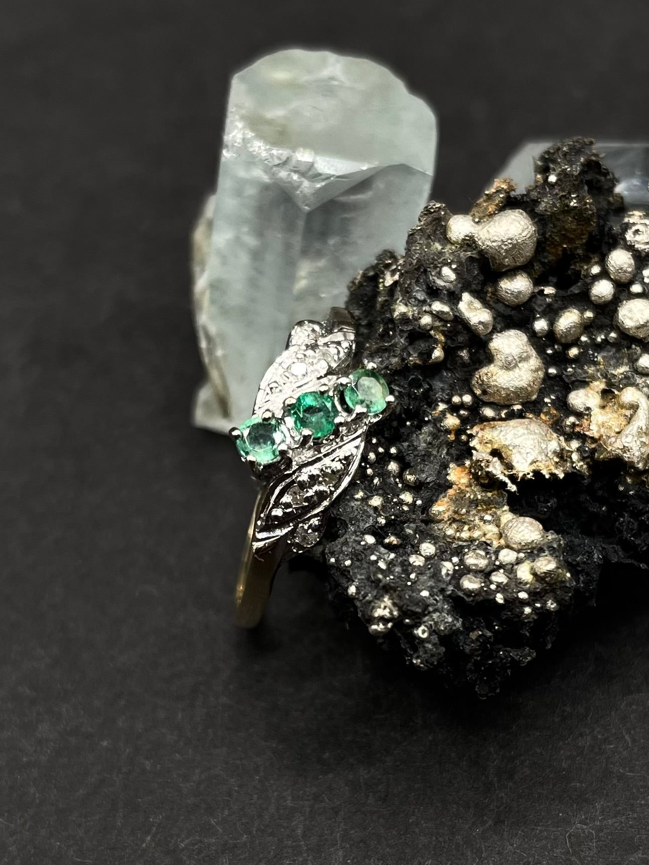 9ct Solid Gold Emerald & Diamond Ring – 3 Natural Emeralds with 6 Diamonds – Vintage Style – UK Size P