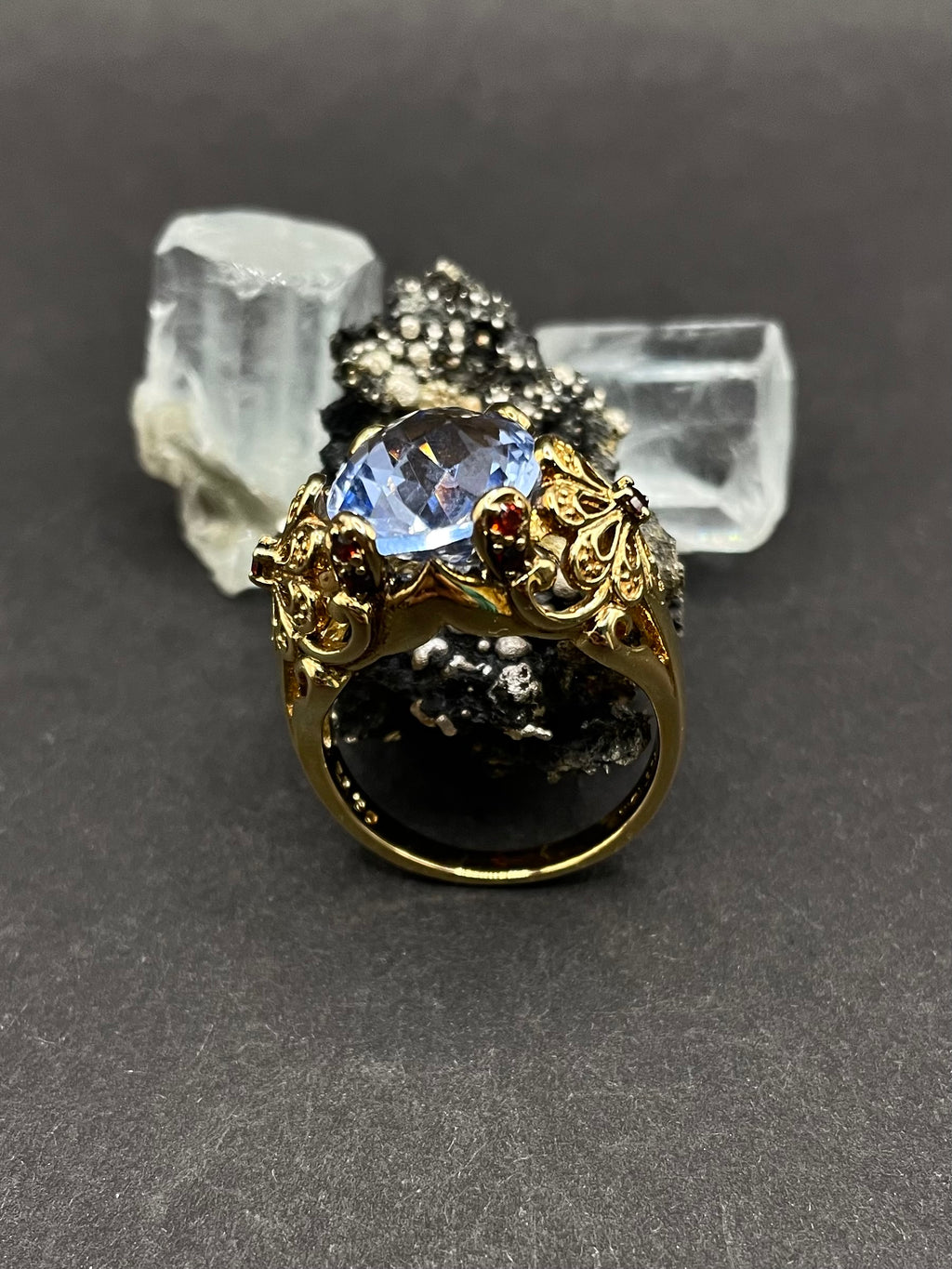 Gold Plated Silver Ring with Blue Zirconia and Garnets – Size R | Handmade Statement Ring | Artisan Jewelry Gift