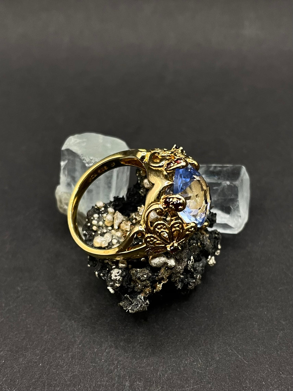 Gold Plated Silver Ring with Blue Zirconia and Garnets – Size R | Handmade Statement Ring | Artisan Jewelry Gift