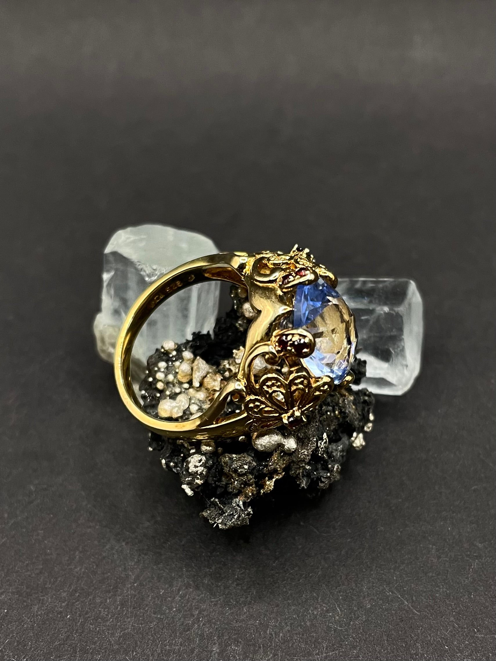 Gold Plated Silver Ring with Blue Zirconia and Garnets – Size R | Handmade Statement Ring | Artisan Jewelry Gift