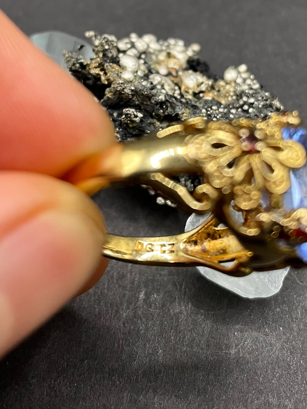 Gold Plated Silver Ring with Blue Zirconia and Garnets – Size R | Handmade Statement Ring | Artisan Jewelry Gift