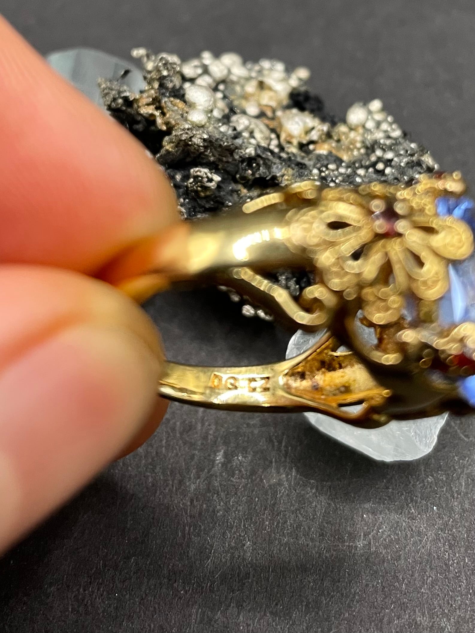 Gold Plated Silver Ring with Blue Zirconia and Garnets – Size R | Handmade Statement Ring | Artisan Jewelry Gift