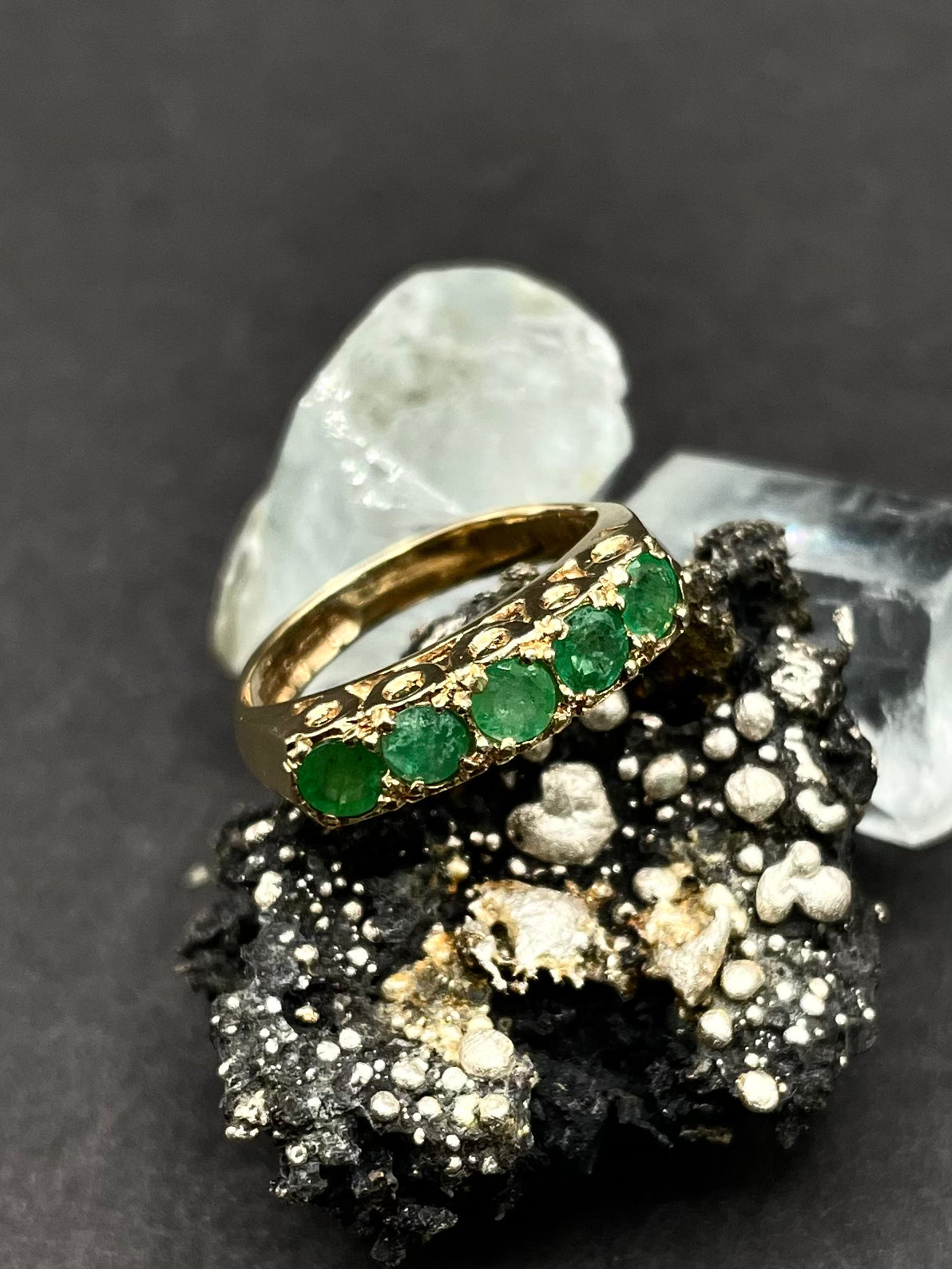 Vintage Emerald Ring in Solid Gold 9ct | Five 3mm Natural Emeralds | Women’s Emerald Band Ring | May Birthstone Gift | Classic Gold Emerald Ring