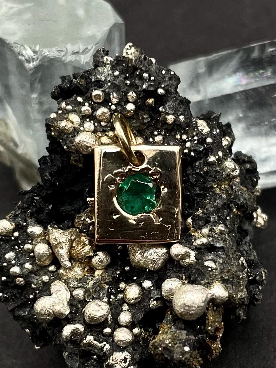 Natural Emerald Pendant in solid gold 9ct • Molten Texture Square Charm, May Birthstone