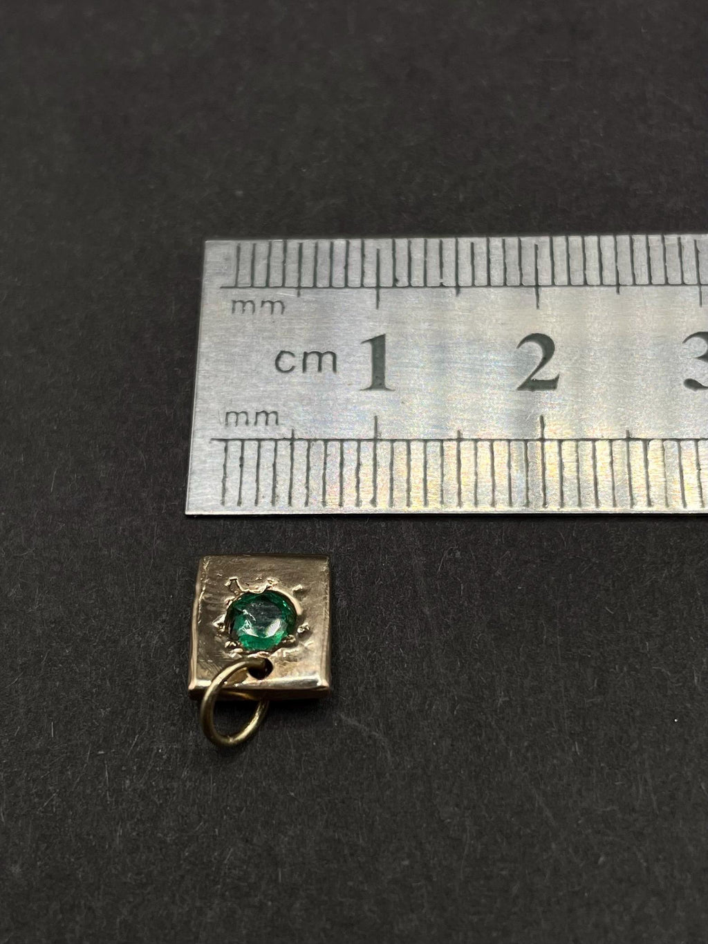 Natural Emerald Pendant in solid gold 9ct • Molten Texture Square Charm, May Birthstone