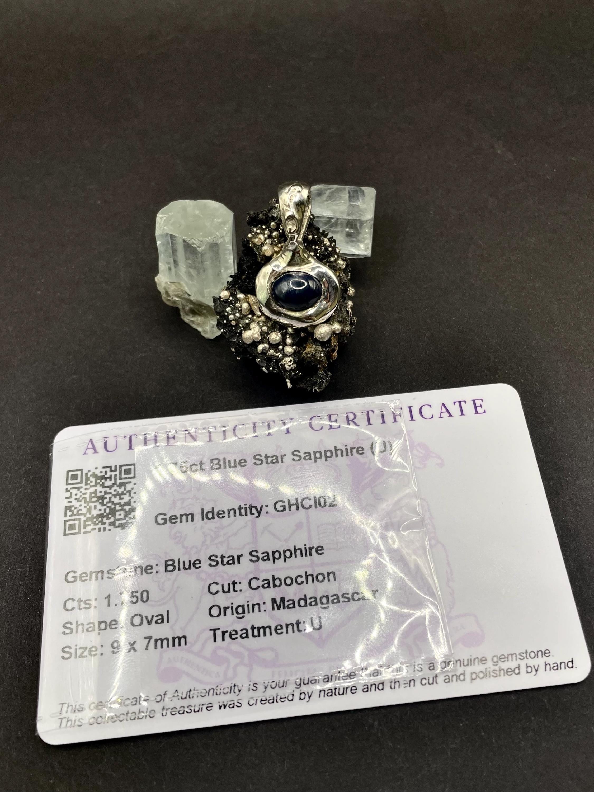 Blue Start Sapphire pendant in solid silver 999 with certificate