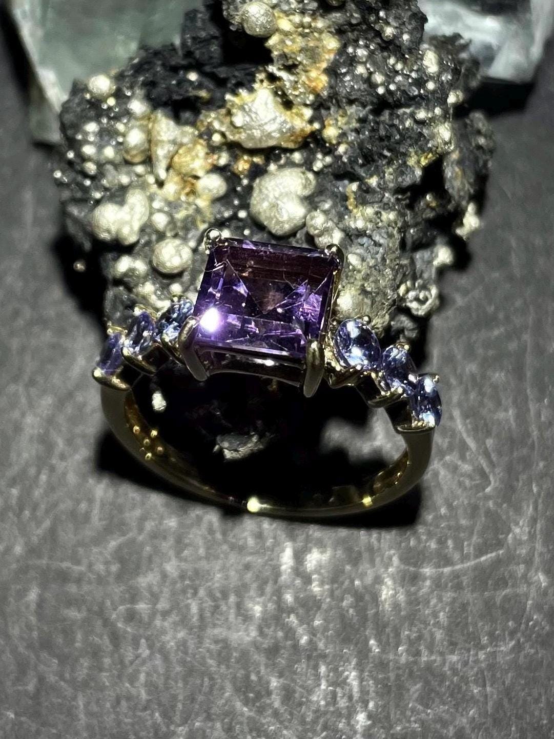 Amethyst and Tanzanite Ring in 9ct solid Gold Purple Gemstone Cocktail Ring