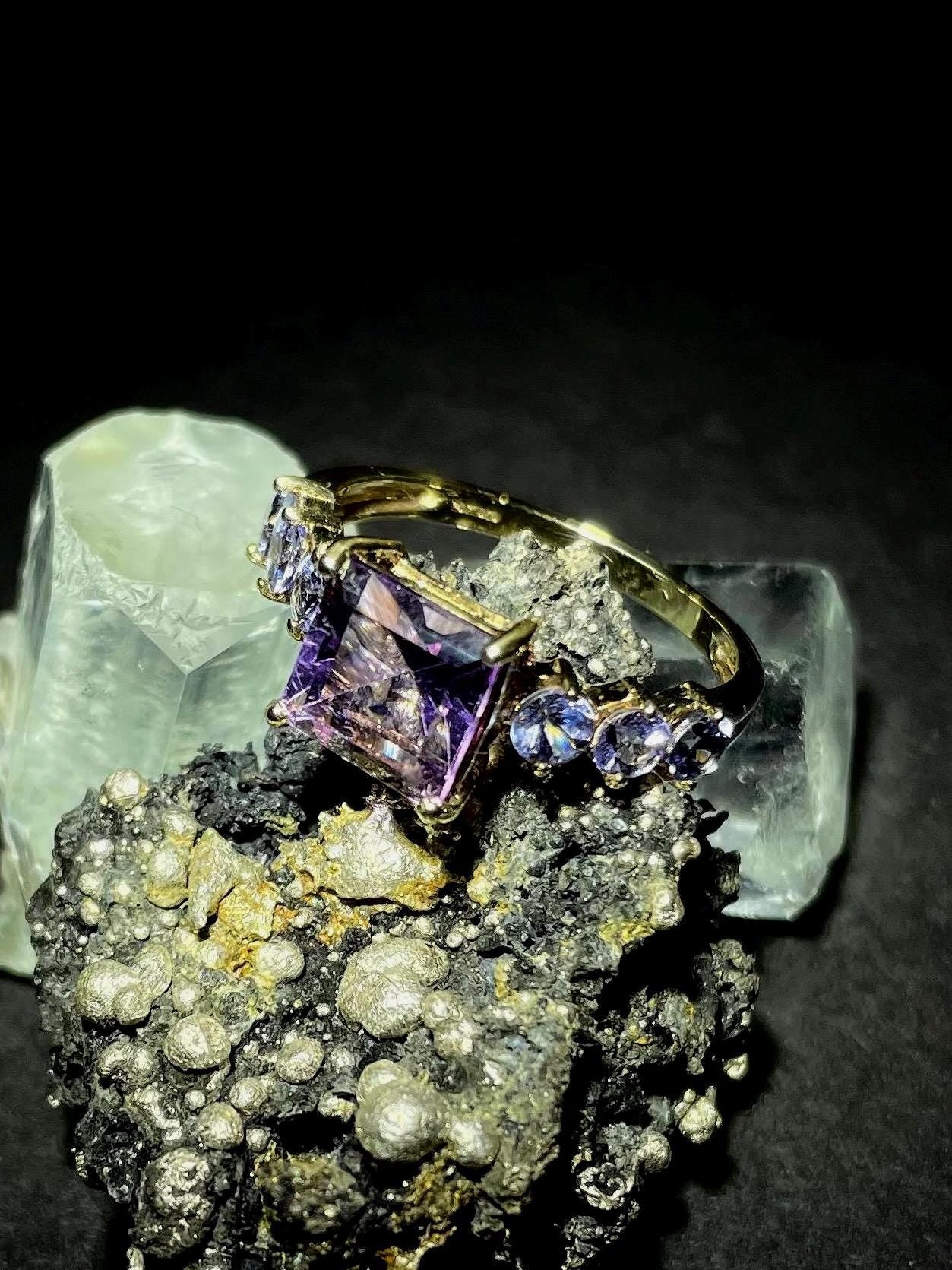 Amethyst and Tanzanite Ring in 9ct solid Gold Purple Gemstone Cocktail Ring