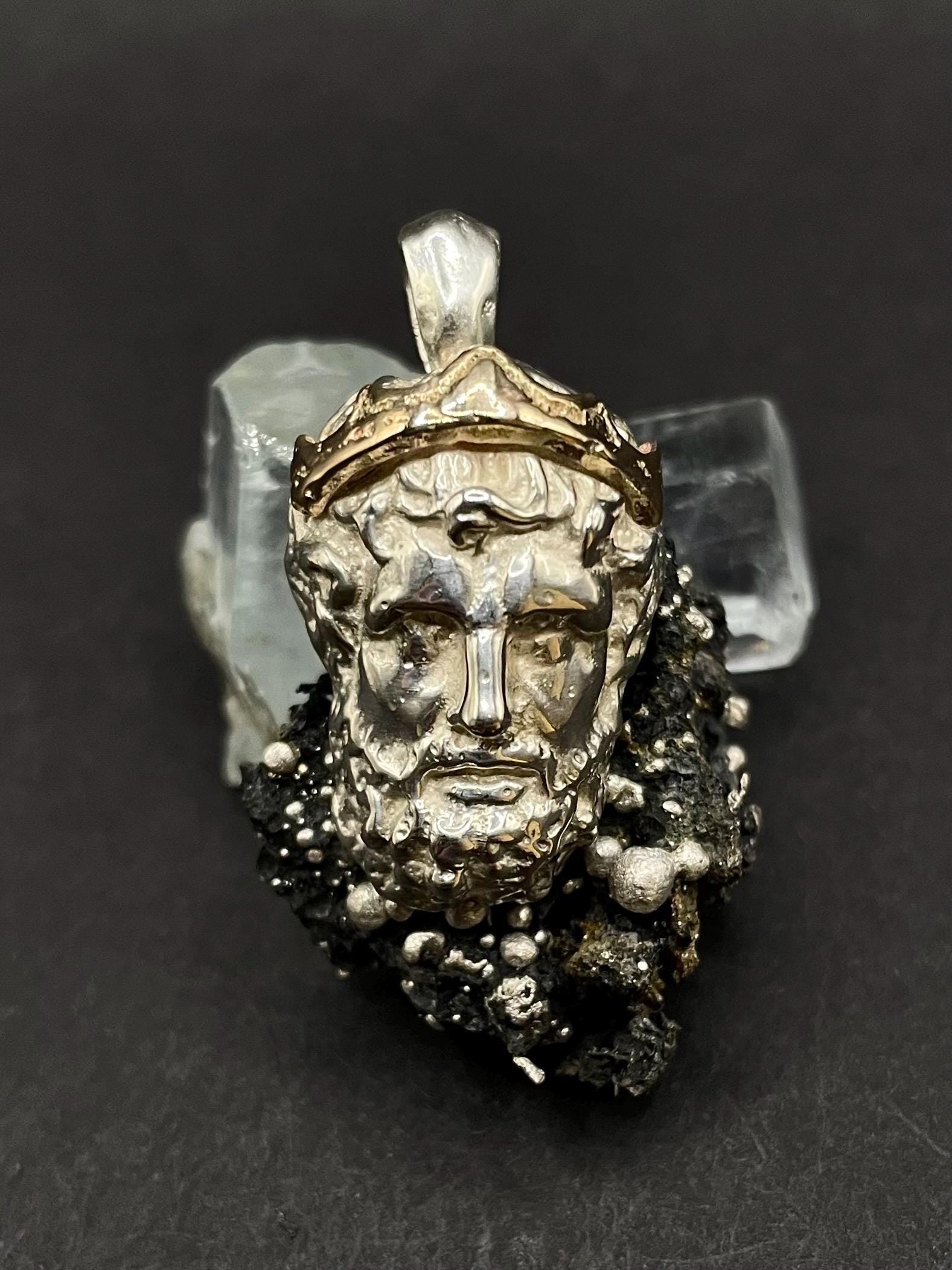 Poseidon Pendant: 9ct Gold Crown, Sterling Silver Head