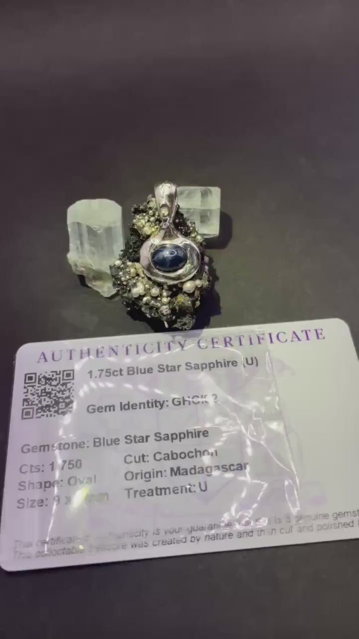 Blue Start Sapphire pendant in solid silver 999 with certificate