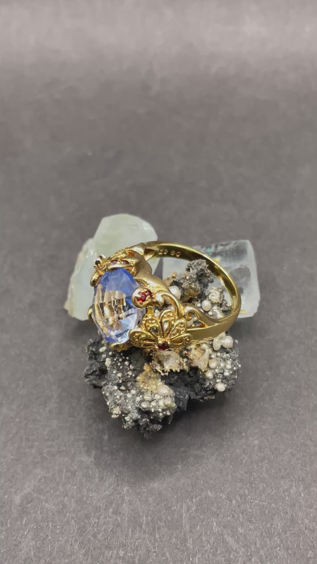 Gold Plated Silver Ring with Blue Zirconia and Garnets – Size R | Handmade Statement Ring | Artisan Jewelry Gift