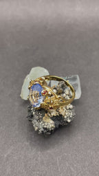 Gold Plated Silver Ring with Blue Zirconia and Garnets – Size R | Handmade Statement Ring | Artisan Jewelry Gift