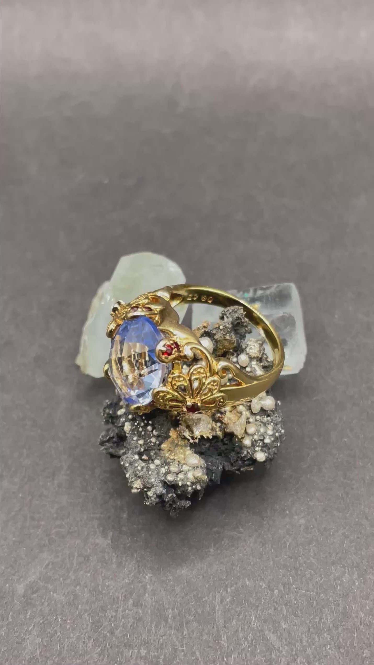 Gold Plated Silver Ring with Blue Zirconia and Garnets – Size R | Handmade Statement Ring | Artisan Jewelry Gift
