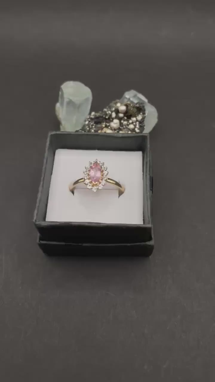 Pink Topaz Ring in 9ct Solid Gold with Moissanite / CZ Halo